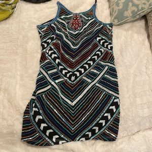 🦋💙✨Parker beaded mini small dress open back printed tribal cocktail multico…